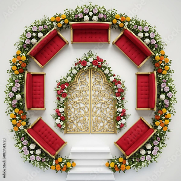 Obraz Ornate Golden Wedding Arch Surrounded by Red Sofas and Flowers (61) card isolated on a transparent background