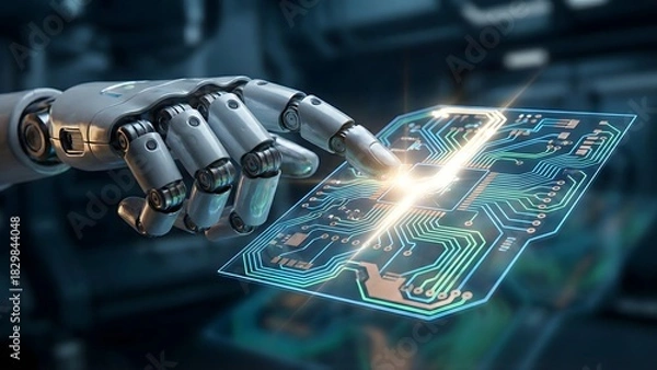 Fototapeta A robotic finger is touching a transparent, glowing circuit board, symbolizing AI interaction with hardware design, computing, and futuristic technology.
