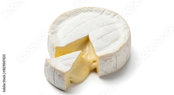 Fototapeta A wheel of brie cheese with a slice removed isolated on white background