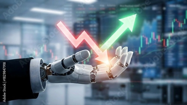 Fototapeta A robotic hand in a business suit holds a holographic arrow showing a financial rebound from a red decline to a green upward trend, symbolizing market recovery.
