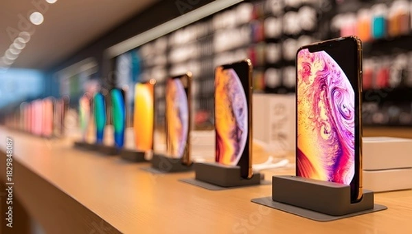 Obraz Row of modern smartphones on display in a tech store, showcasing colorful screens and sleek design, symbolizing innovation, retail technology, and consumer electronics