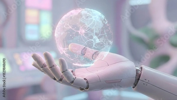 Fototapeta A white robotic hand gently holds a glowing, holographic digital globe with an internal neural network structure, symbolizing global AI and connectivity.