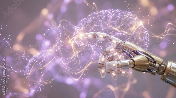 Fototapeta A metallic robotic hand is touching a glowing, abstract network of purple and gold particles, symbolizing AI, thought, and futuristic digital connection.