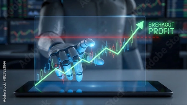 Fototapeta A robotic hand projects a holographic "Breakout Profit" candlestick chart with a green rising arrow over a tablet, symbolizing AI-driven financial trading and success.
