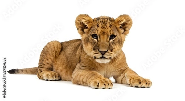 Obraz Playful and Innocent Lion Cub Resting with Paws Forward on White