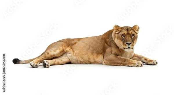 Obraz Elegant Lioness Resting on Her Side in a Clean, Top-Down Composition