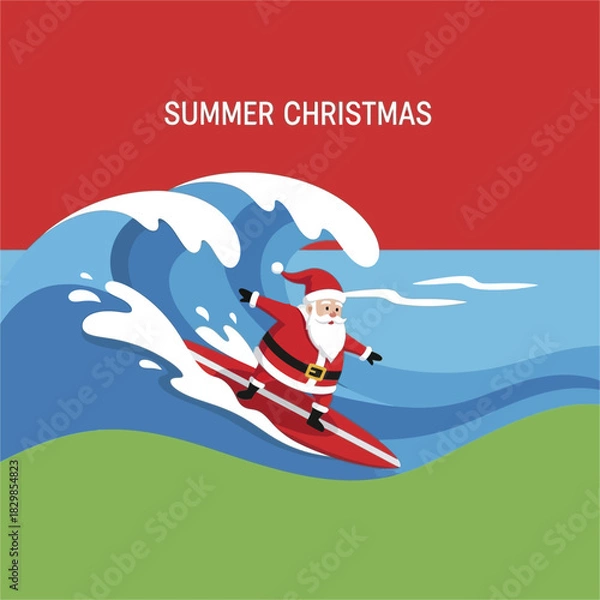 Fototapeta Santa Claus surfing on a big ocean wave for a summer Christmas.