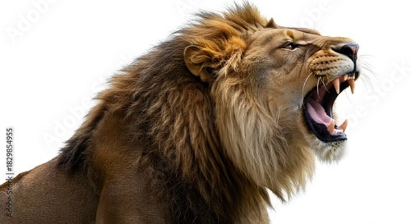 Obraz Intense Side Profile of a Roaring Lion on Bright White Backdrop
