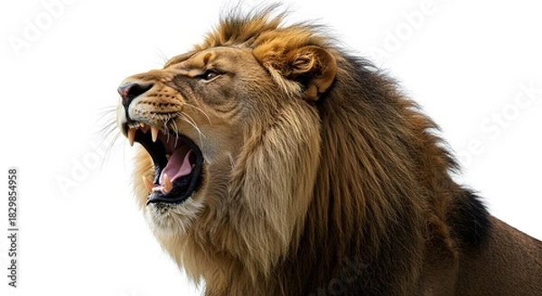 Obraz Powerful Mid-Range Shot of a Lion Roaring with Teeth Exposed on White