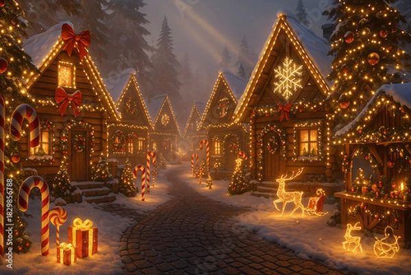 Fototapeta Enchanting Golden Christmas Village with Snow Lights Trees and Festive Decorations