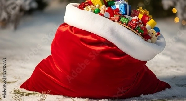 Fototapeta A red velvet Santa's sack overflowing with colorful Christmas presents sits in the snow.