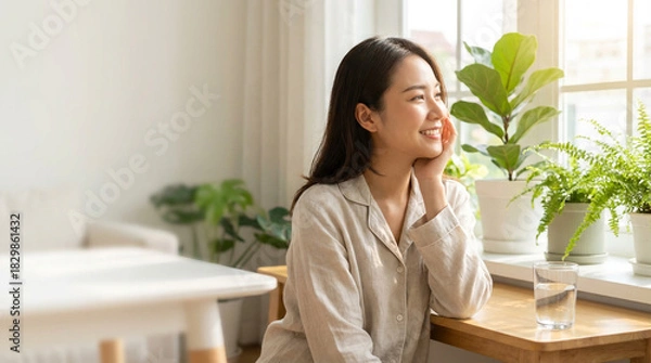 Obraz 部屋着姿でリラックスし、頬に手を添える若い日本人女性