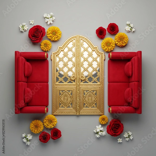 Obraz Red Sofas Flanking Ornate Golden Archway with Red and Yellow Flowers intricate doorway isolated on a transparent background