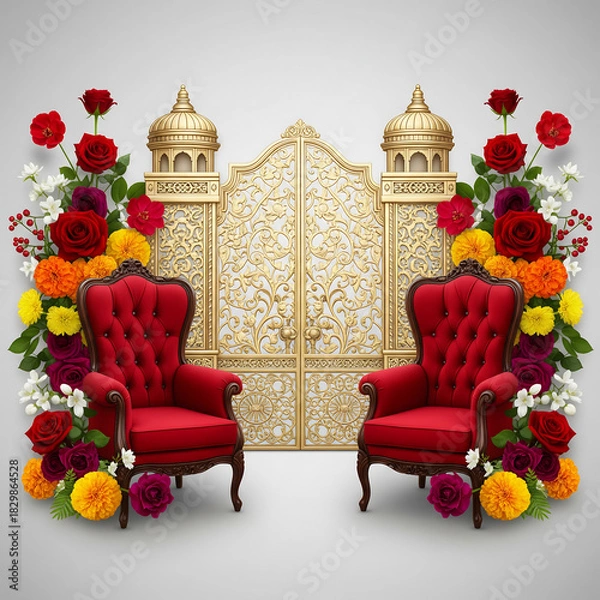 Obraz Two Red Armchairs Before a Golden Ornate Gate with Flower Garlands furniture golden gate isolated on a transparent background
