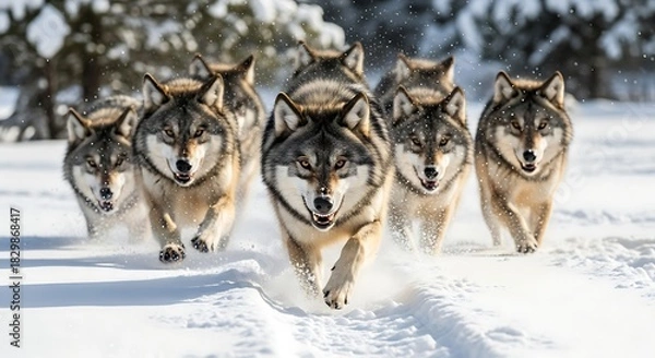 Fototapeta Pack of Wolves Running Through Snowy Forest in Winter wolf