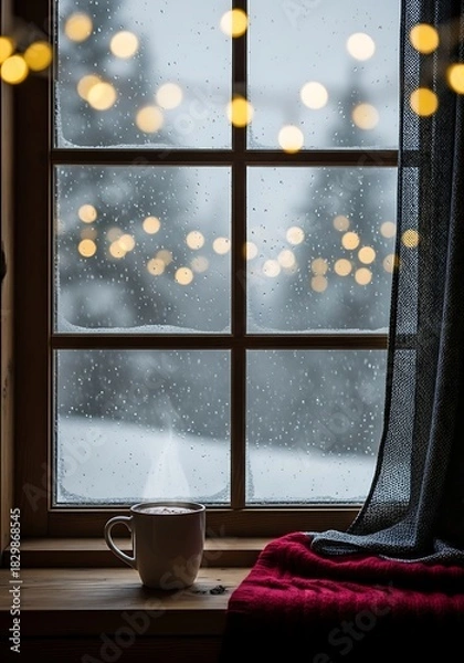 Fototapeta Cozy Winter Window Scene with Hot Drink and Christmas Lights snow rain