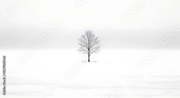 Fototapeta Solitary Bare Tree in a Vast White Snowy Field Under a Hazy Sky winter
