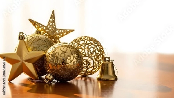 Fototapeta Festive golden Christmas ornaments with stars and bells, elegantly arranged on a wooden surface with soft lighting