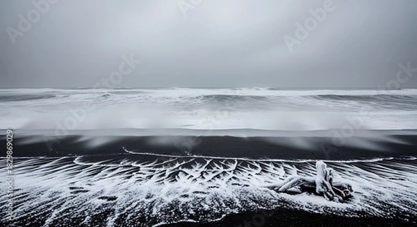 Fototapeta Stark Black Sand Beach with Snow and Ocean Waves in Overcast Weather image photo