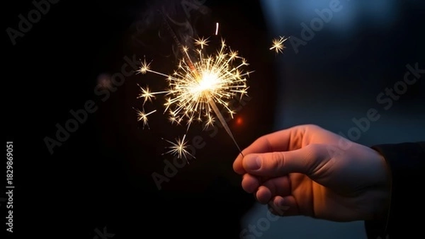 Fototapeta Close-up of a hand holding a sparkling sparkler against a dark background, celebrating the festive occasion
