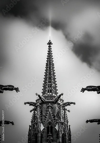 Fototapeta Gothic Cathedral Spire with Gargoyles and Dramatic Sky Gothic architecture sculpture