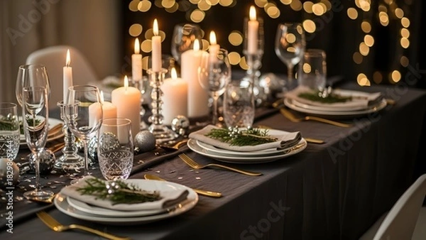 Fototapeta Elegant Christmas table setting with candles and festive decorations, creating a warm and inviting atmosphere for holiday celebrations