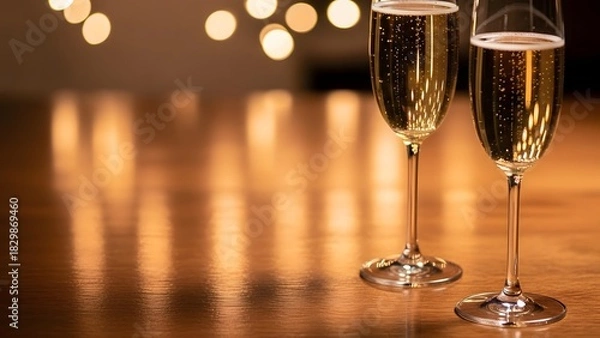 Fototapeta Two champagne glasses filled with golden bubbly liquid with bokeh lights in the background, perfect for celebrations and festive occasions