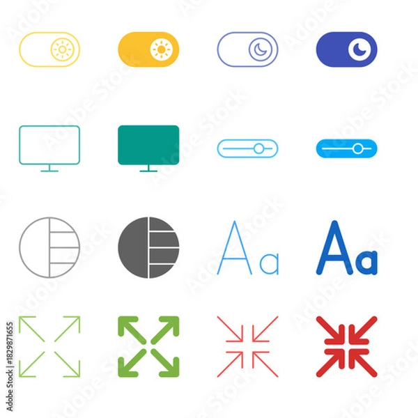 Fototapeta Flat Colored Display Mode Icon Set in Outline and Solid Style for Screen Settings and Accessibility