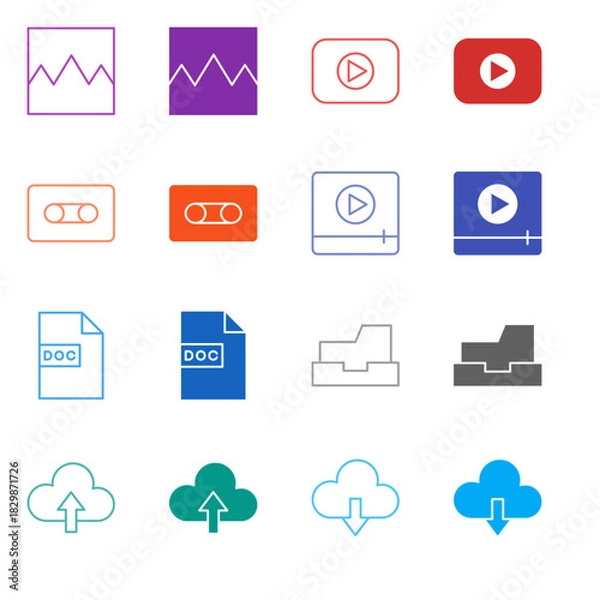 Fototapeta Flat Colored Media and Cloud Icon Set in Outline and Solid Style for Document Storage and Playback
