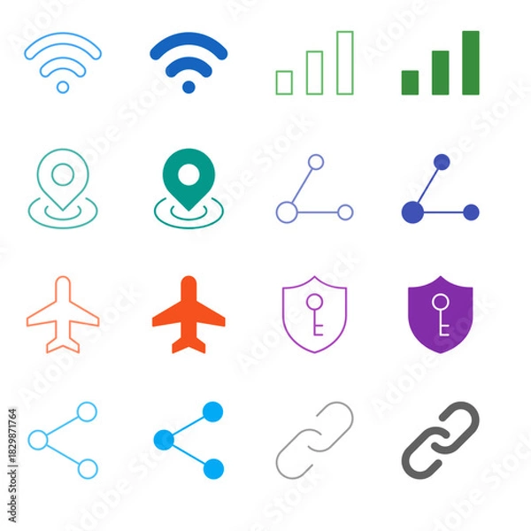 Fototapeta Flat Colored Network and Connectivity Icon Set in Outline and Solid Style for Signal and Data Sharing