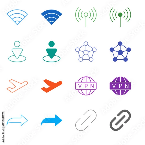 Fototapeta Flat Colored Network and Connectivity Icon Set in Outline and Solid Style for Signal and Data Sharing