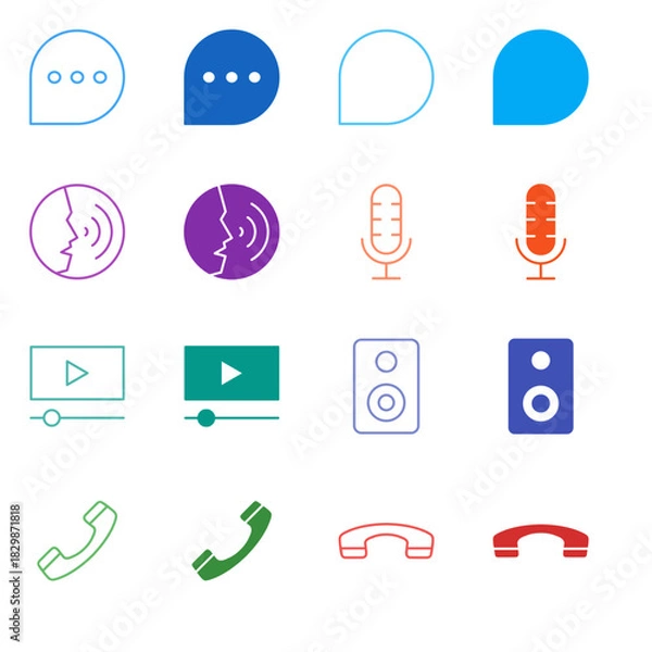 Fototapeta Flat Colored Communication and Video Call Icon Set in Outline and Solid Style for Messaging and Telephony