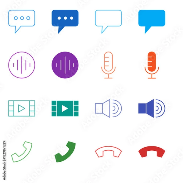 Fototapeta Flat Colored Communication and Video Call Icon Set in Outline and Solid Style for Messaging and Telephony