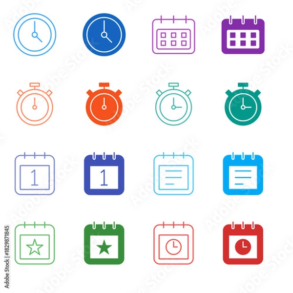 Obraz Flat Colored Time and Calendar Icon Set in Outline and Solid Style for Scheduling and Productivity Management