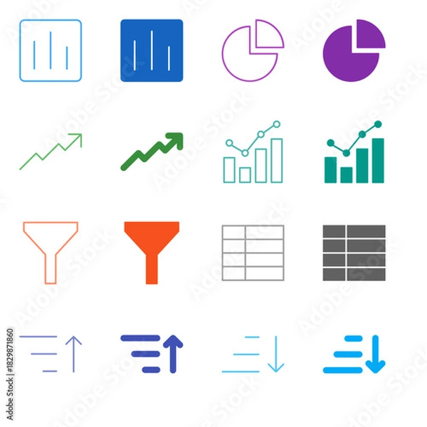 Fototapeta Flat Colored Chart and Table Icon Set in Outline and Solid Style for Data Analysis and Organization