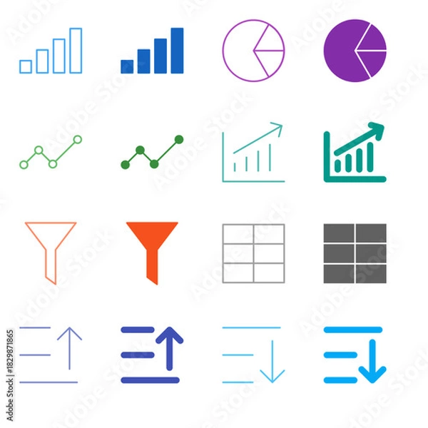 Fototapeta Flat Colored Chart and Table Icon Set in Outline and Solid Style for Data Analysis and Organization
