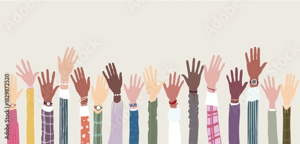 Fototapeta Hands of people raised up in the air, diversity and togetherness concept illustration with copy space