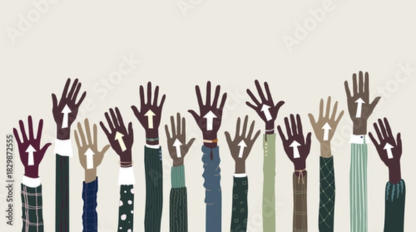 Fototapeta Hands of people raised up in the air, diversity and togetherness concept illustration with copy space