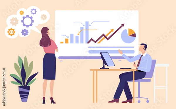 Fototapeta Business people talking  and collaborating on a project, business concept illustration 