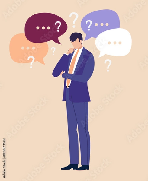 Fototapeta Thinking businessman, business person surrounded by question marks and speech bubbles