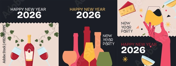 Obraz Happy New Year 2026 Party Banners with Wine, Glasses, and Celebration Elements