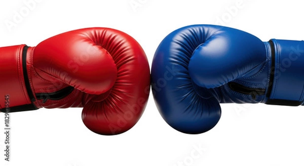 Obraz Red and blue boxing gloves facing each other isolated on transparent background