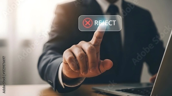 Fototapeta Businessman pressing reject button on virtual screen declining offer concept