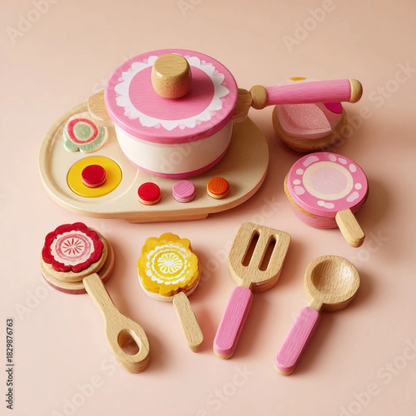 Fototapeta A charming set of pink and natural wood toy kitchen cooking utensils and pots for imaginative pretend play for children
