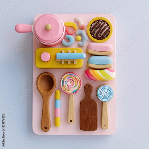 Fototapeta Overhead view of a collection of colorful, miniature toy kitchen accessories and sweetthemed play food items arranged neatly on a pink tray