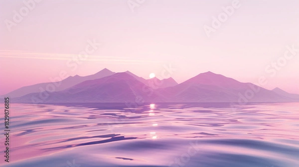 Fototapeta Serene pink and purple mountain range silhouette reflected on calm water surface during a soft sunrise or sunset