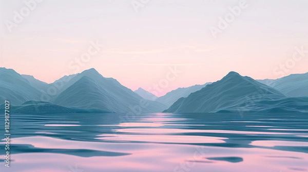 Fototapeta Serene mountain range reflected in calm water during a soft pink and blue twilight, creating a tranquil landscape vista