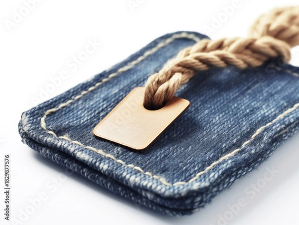 Fototapeta Closeup of a denim clothing tag attached with a thick braided rope and a small leather piece, isolated on white background
