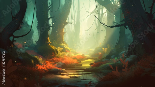 Fototapeta An ethereal, glowing forest path winding through ancient, mosscovered trees with vibrant orange undergrowth illuminated by soft, mystical light