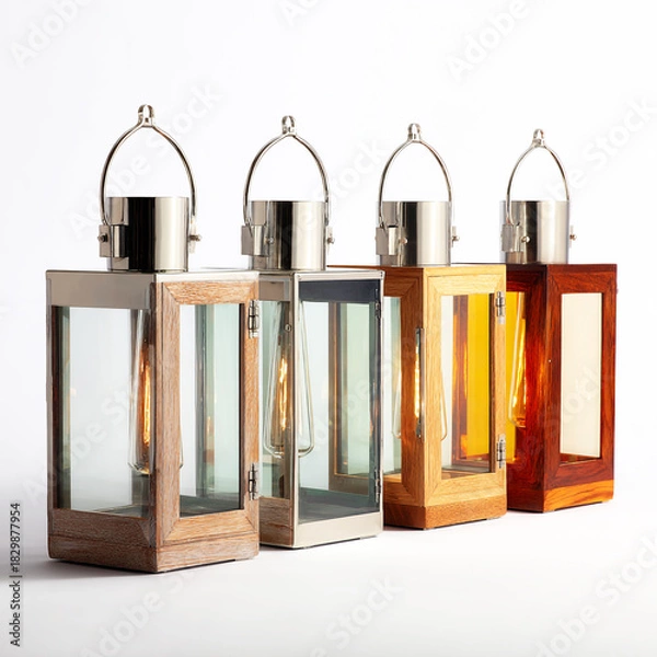 Fototapeta Four modern rectangular wooden and metal lanterns with glass panels and carrying handles displayed in a row against a white background